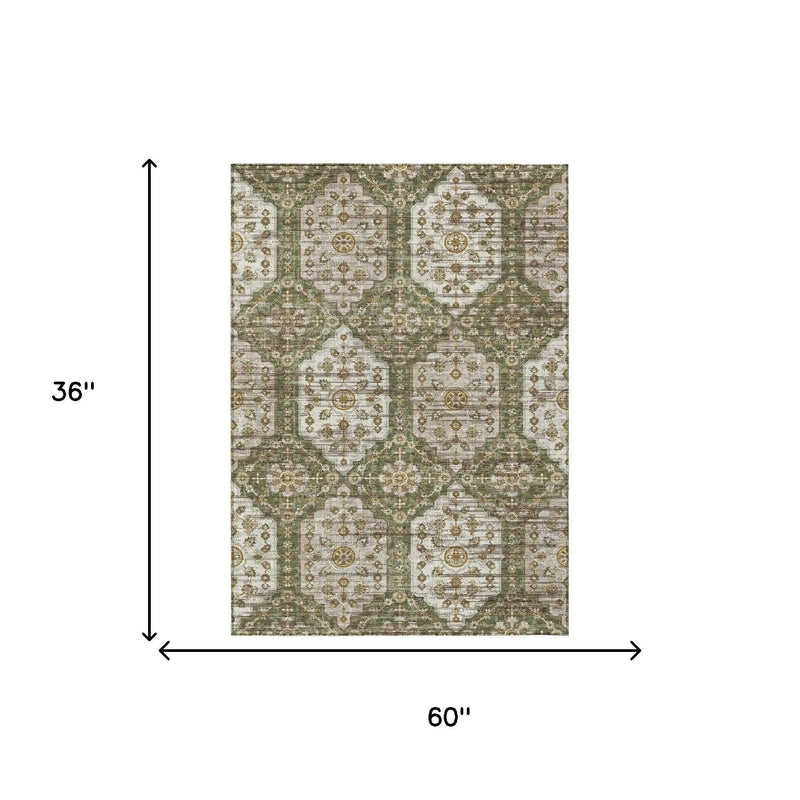 3' X 5' Olive Green And Green Damask Washable Indoor Outdoor Area Rug Homeroots Outdoor