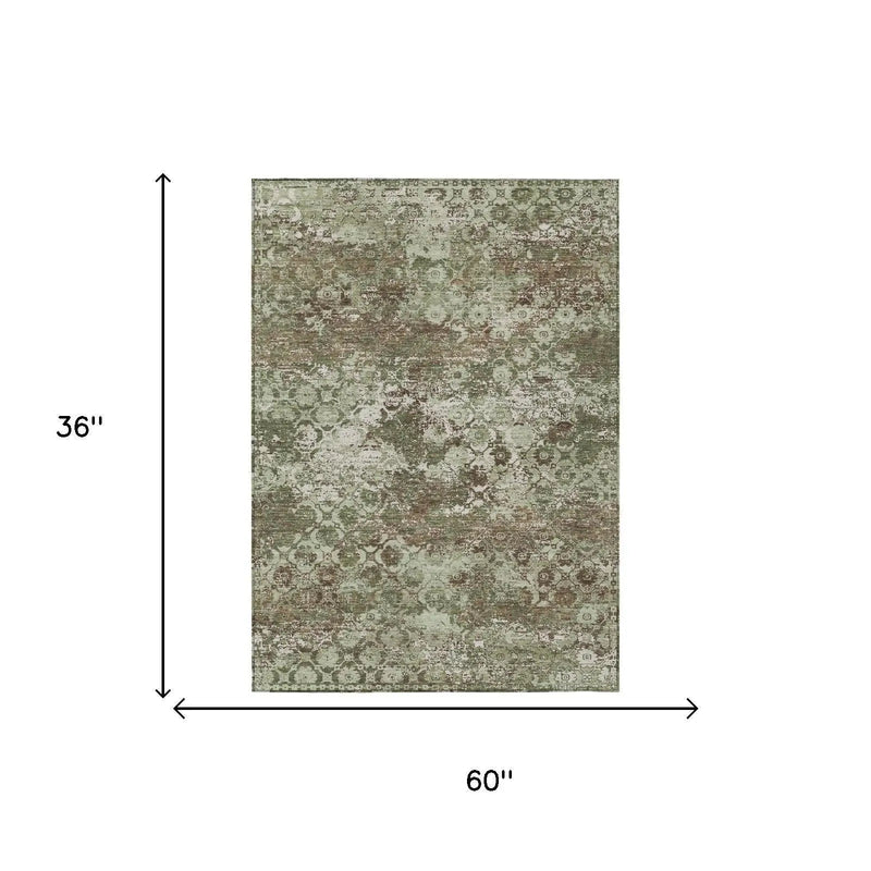 3' X 5' Olive Green And Green Floral Medallion Washable Indoor Outdoor Area Rug Homeroots Outdoor