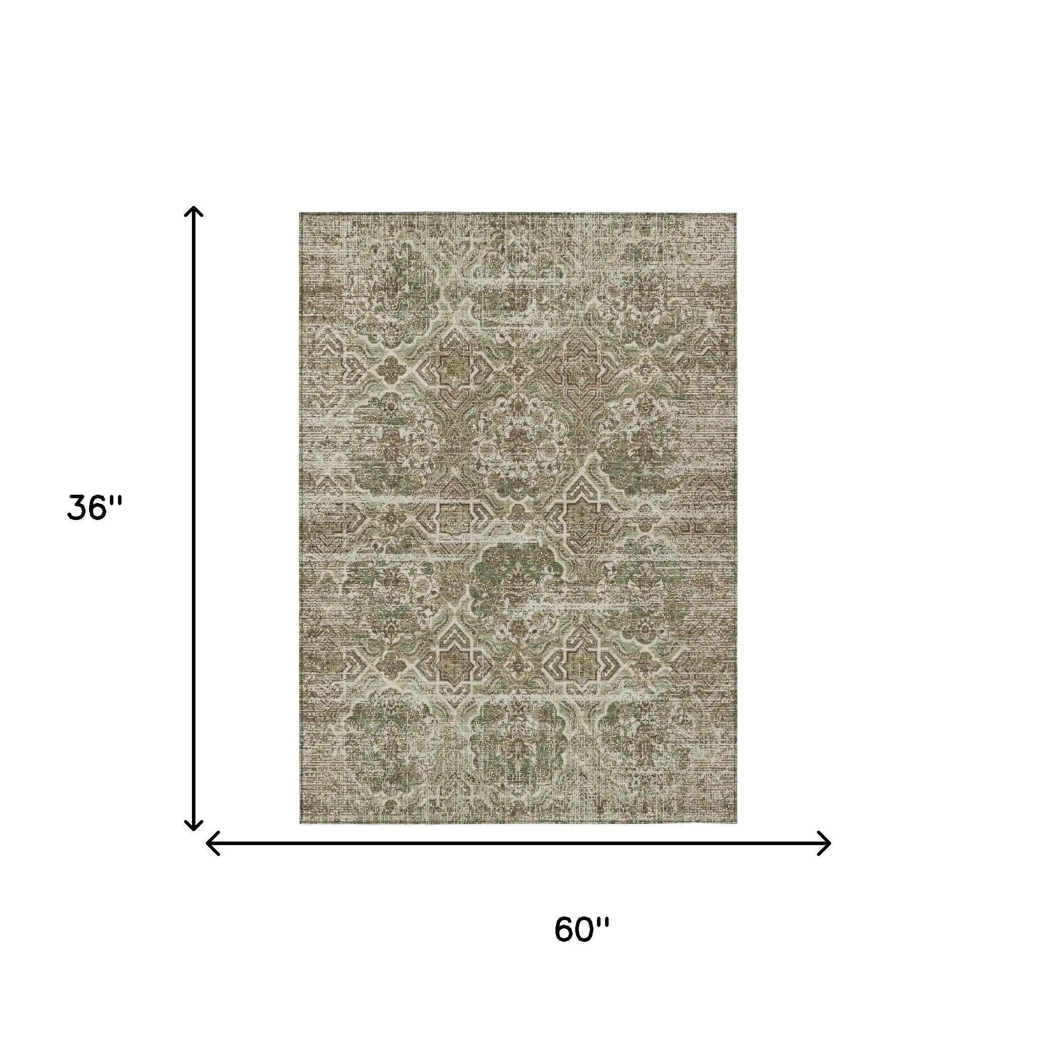3' X 5' Olive Green And Green Floral Washable Indoor Outdoor Area Rug Homeroots Outdoor