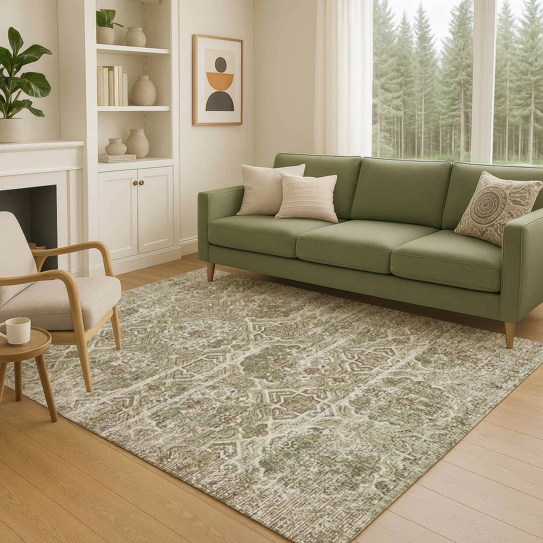 3' X 5' Olive Green And Green Floral Washable Indoor Outdoor Area Rug Homeroots Outdoor
