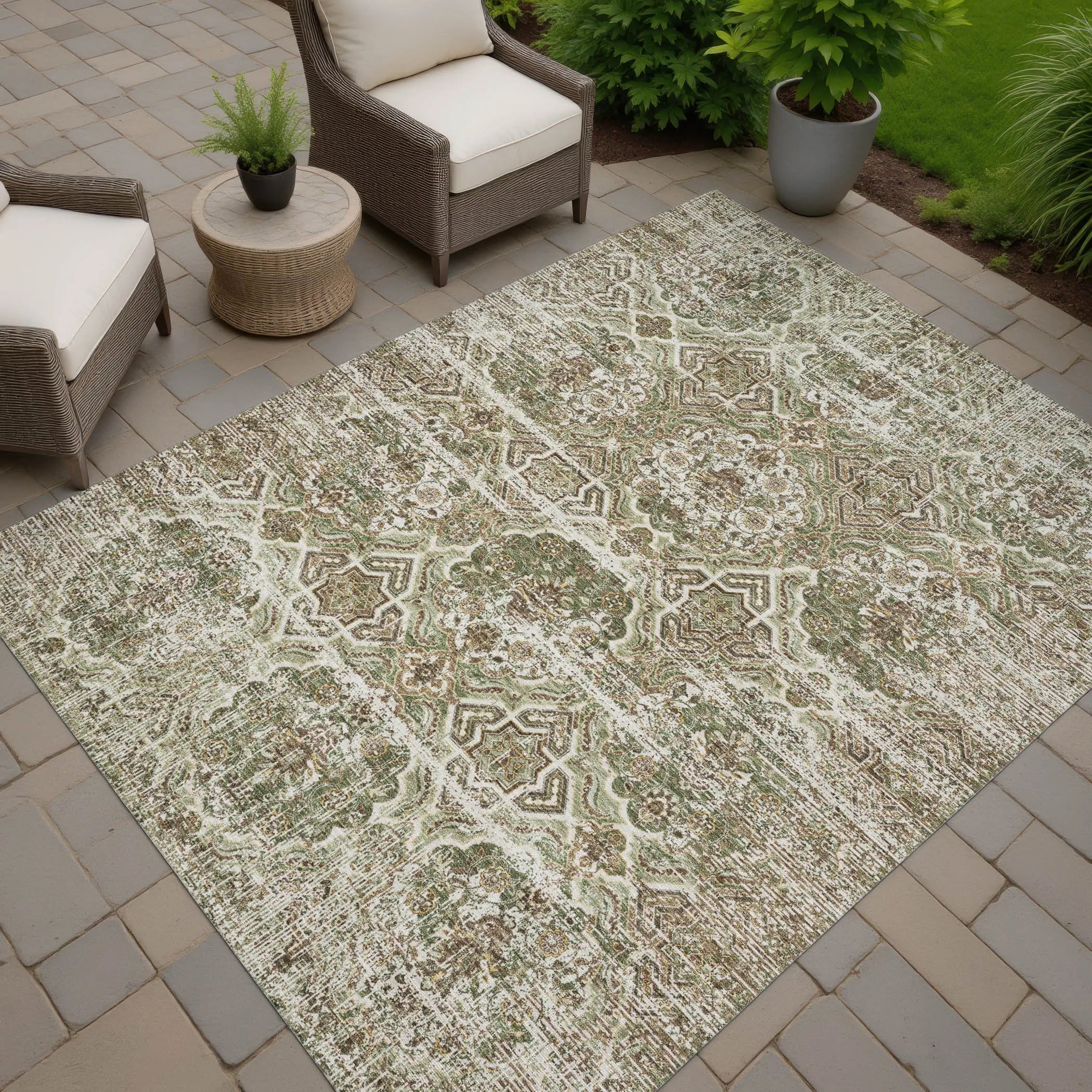 3' X 5' Olive Green And Green Floral Washable Indoor Outdoor Area Rug Homeroots Outdoor