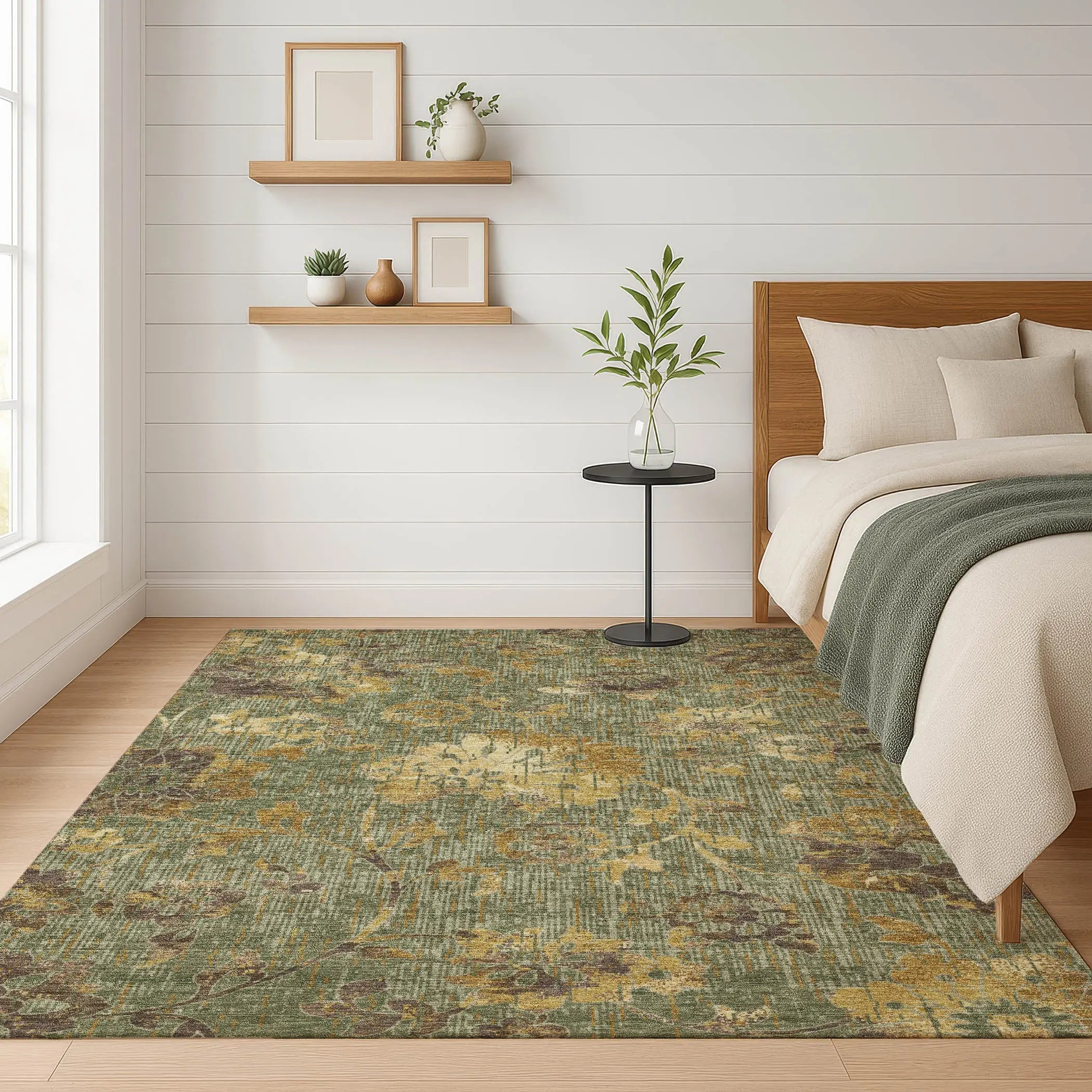 3' X 5' Olive Green And Green Floral Washable Indoor Outdoor Area Rug Homeroots Outdoor