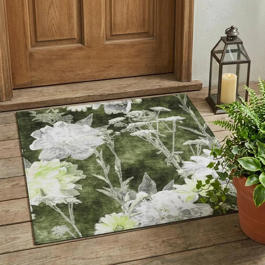 3' X 5' Olive Green And Green Floral Washable Indoor Outdoor Area Rug Homeroots Outdoor