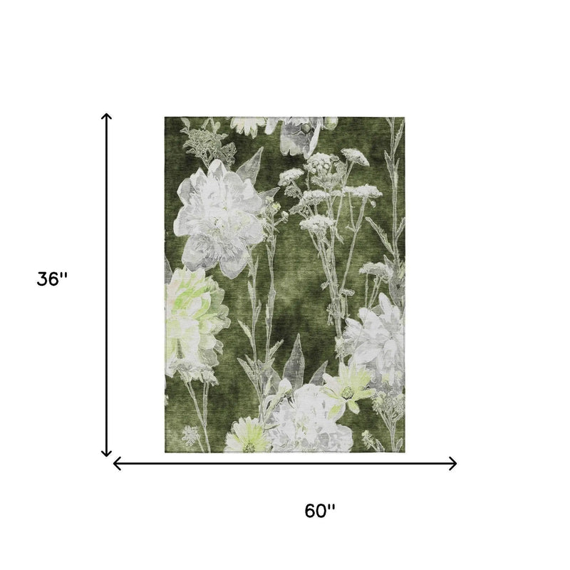 3' X 5' Olive Green And Green Floral Washable Indoor Outdoor Area Rug Homeroots Outdoor