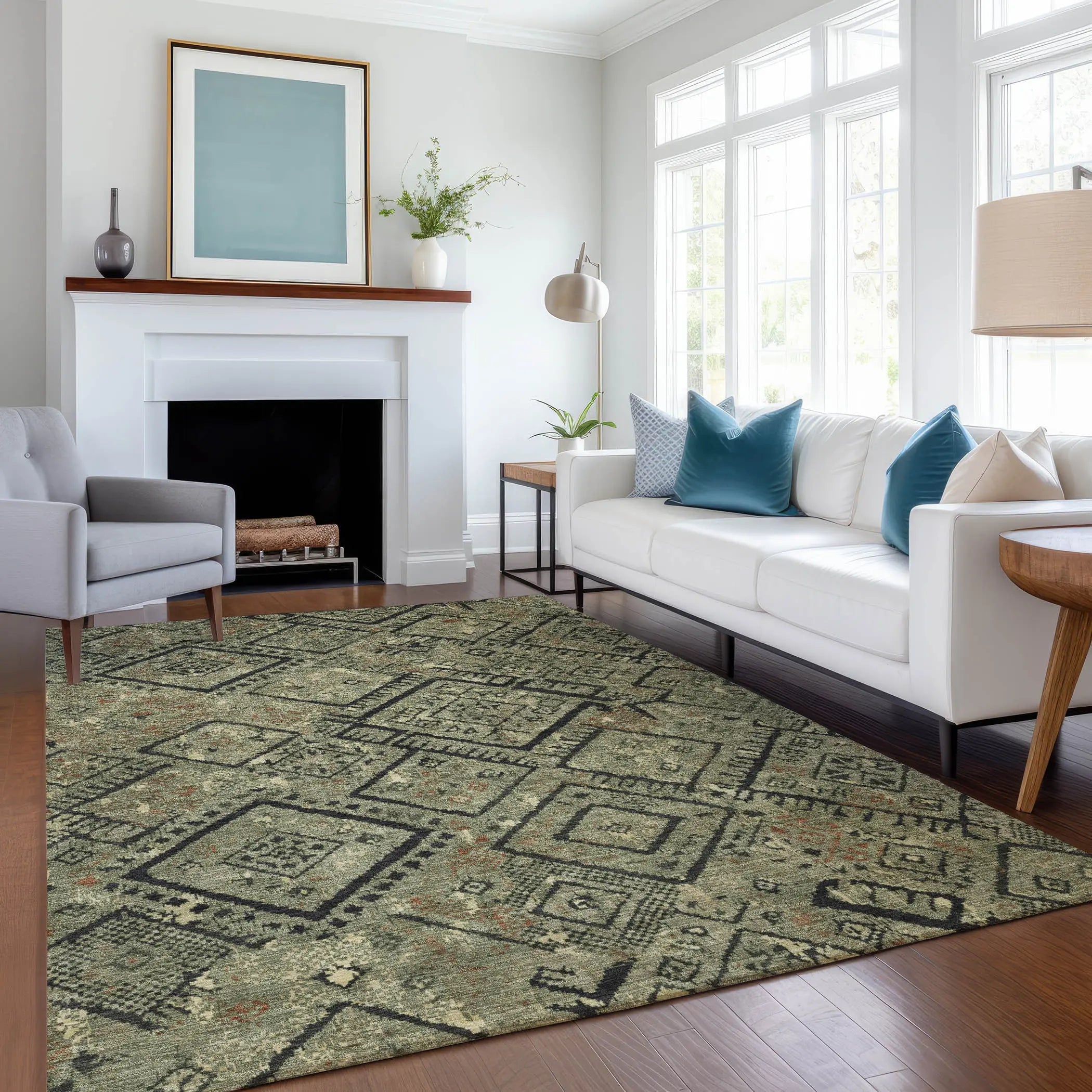 3' X 5' Olive Green And Green Geometric Washable Indoor Outdoor Area Rug Homeroots Outdoor