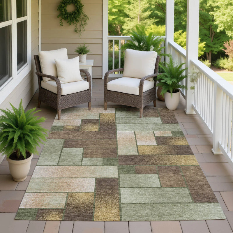 3' X 5' Olive Green And Green Geometric Washable Indoor Outdoor Area Rug Homeroots Outdoor