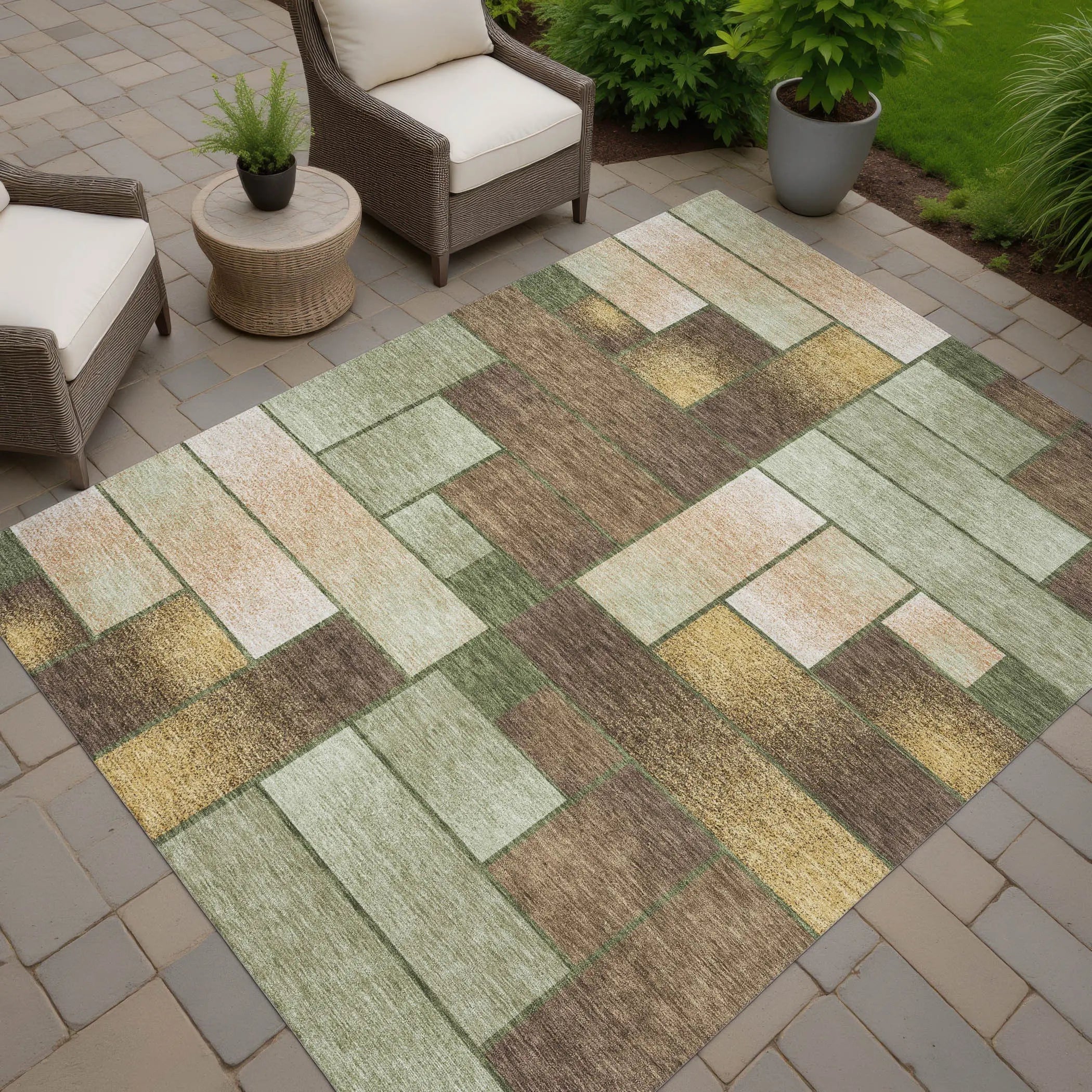 3' X 5' Olive Green And Green Geometric Washable Indoor Outdoor Area Rug Homeroots Outdoor