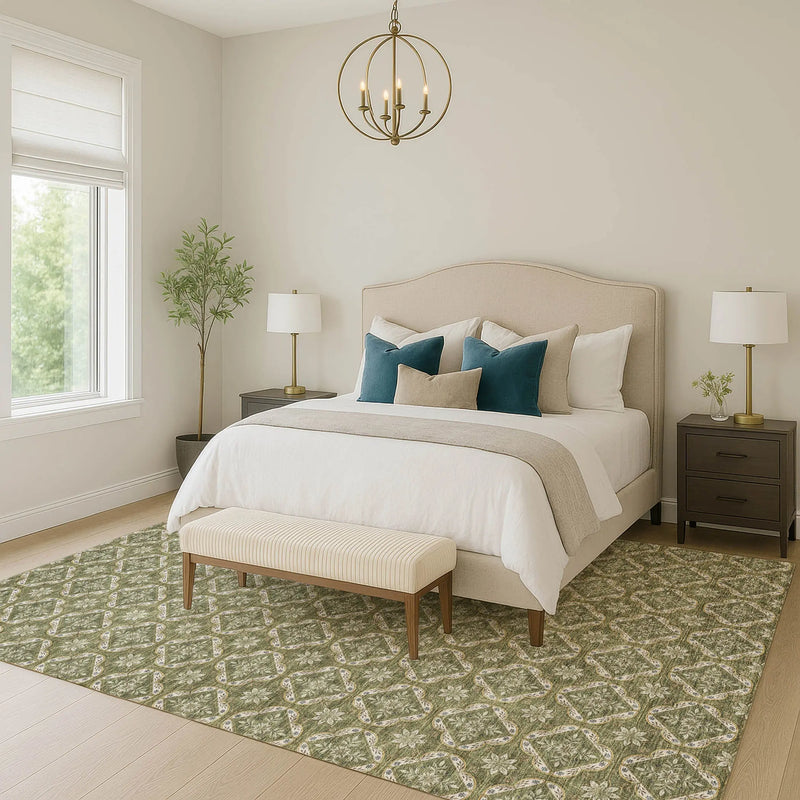 3' X 5' Olive Green And Green Geometric Washable Indoor Outdoor Area Rug Homeroots Outdoor