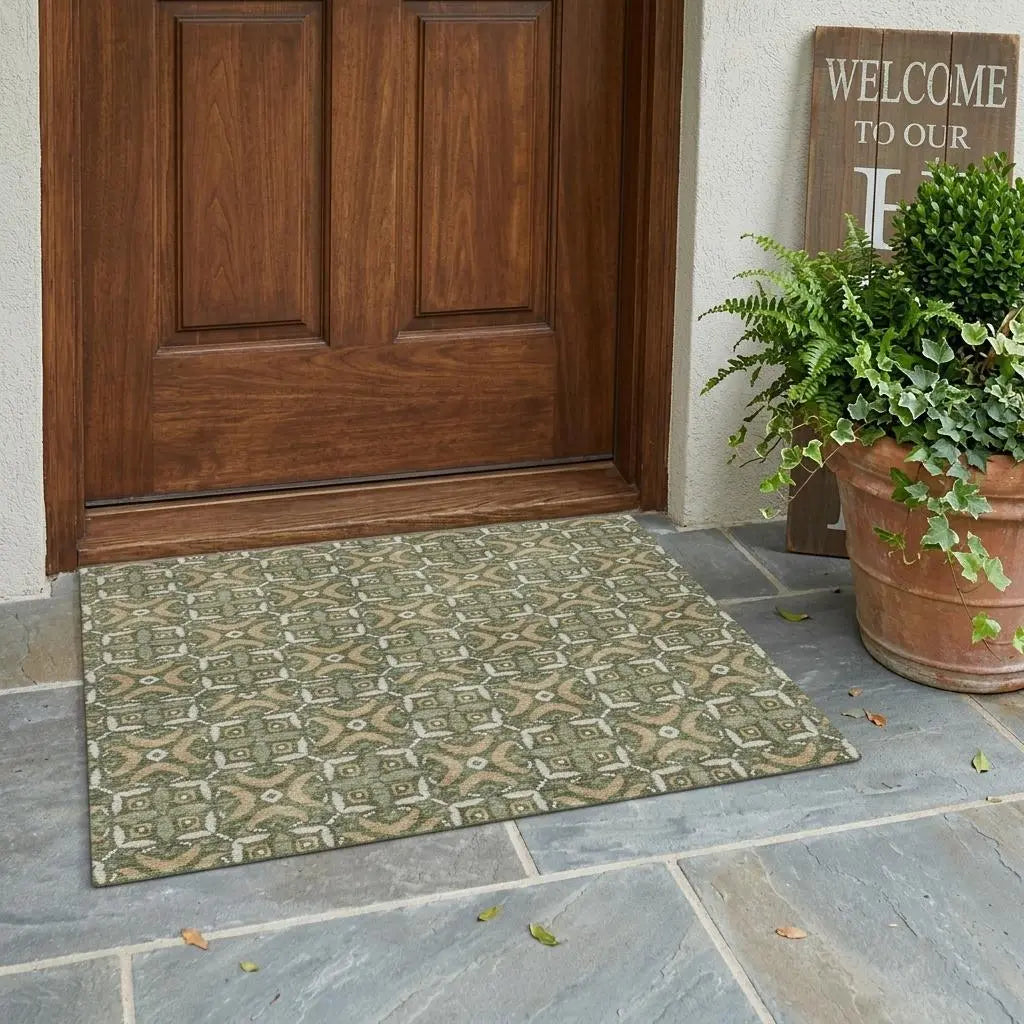 3' X 5' Olive Green And Green Geometric Washable Indoor Outdoor Area Rug Homeroots Outdoor