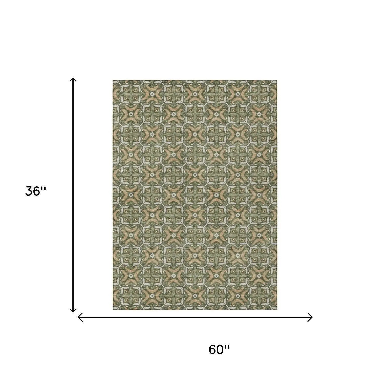 3' X 5' Olive Green And Green Geometric Washable Indoor Outdoor Area Rug Homeroots Outdoor