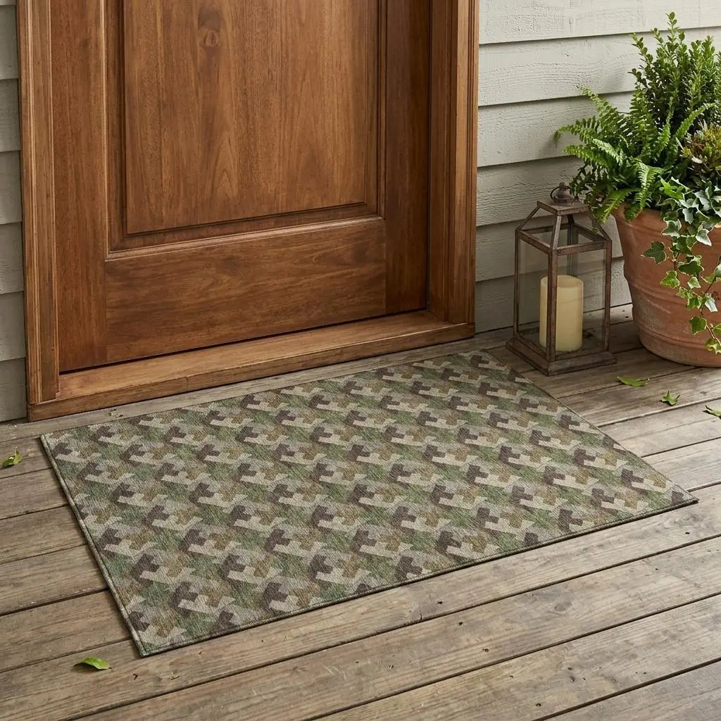 3' X 5' Olive Green And Green Geometric Washable Indoor Outdoor Area Rug Homeroots Outdoor