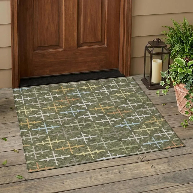 3' X 5' Olive Green And Green Geometric Washable Indoor Outdoor Area Rug Homeroots Outdoor