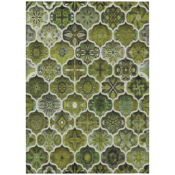 3' X 5' Olive Green And Green Ogee Washable Indoor Outdoor Area Rug Homeroots Outdoor