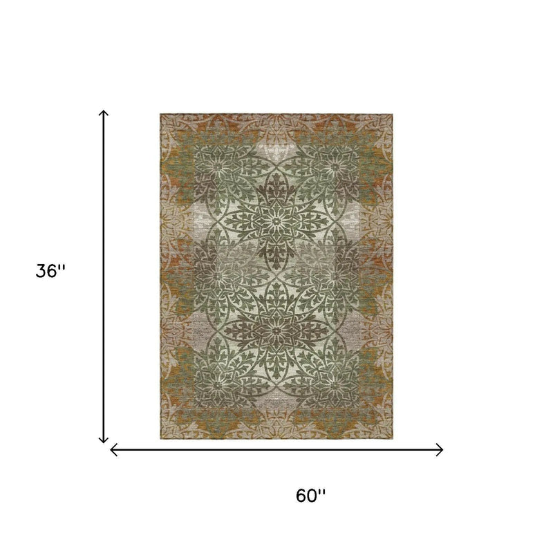 3' X 5' Olive Green And Green Oriental Washable Indoor Outdoor Area Rug Homeroots Outdoor