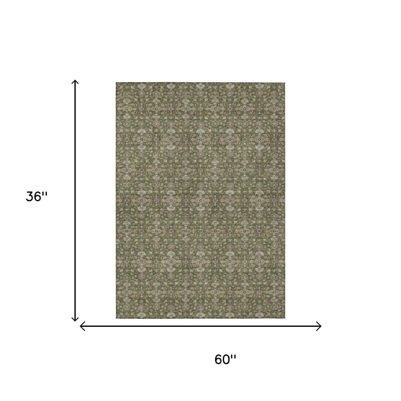 3' X 5' Olive Green And Green Oriental Washable Indoor Outdoor Area Rug Homeroots Outdoor