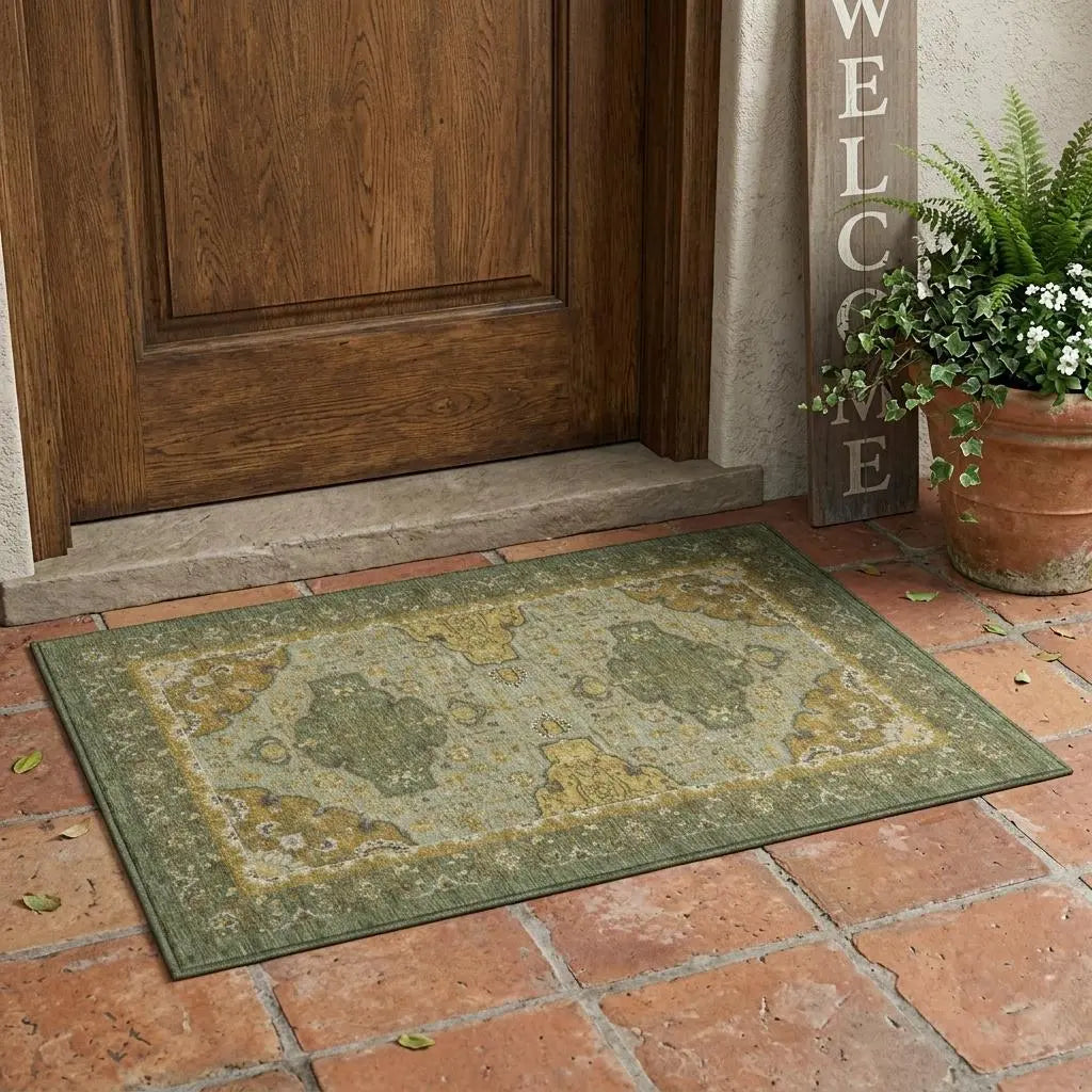 3' X 5' Olive Green And Green Oriental Washable Indoor Outdoor Area Rug Homeroots Outdoor