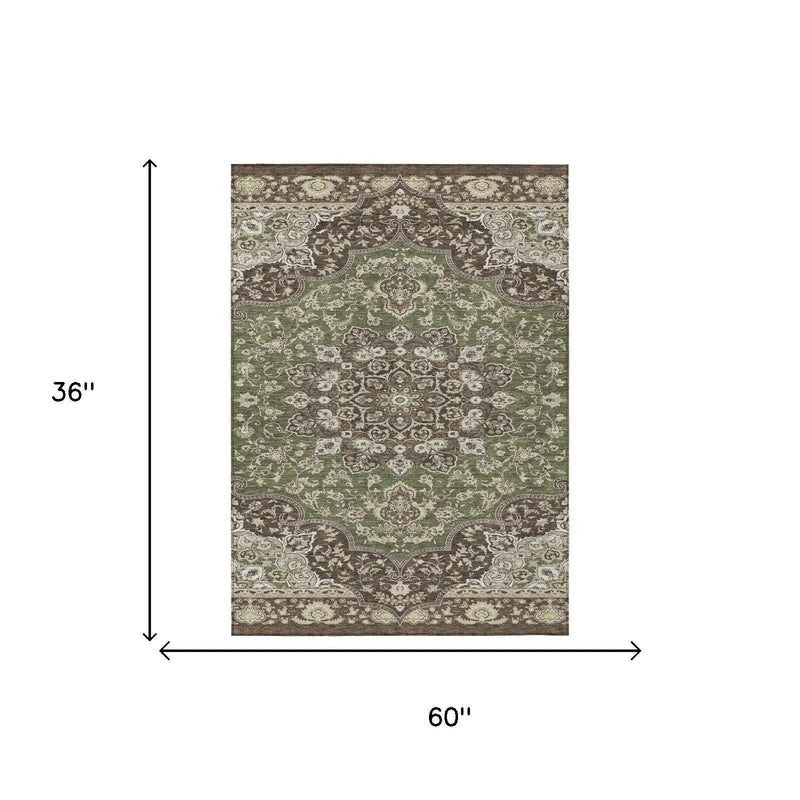 3' X 5' Olive Green And Green Oriental Washable Indoor Outdoor Area Rug Homeroots Outdoor