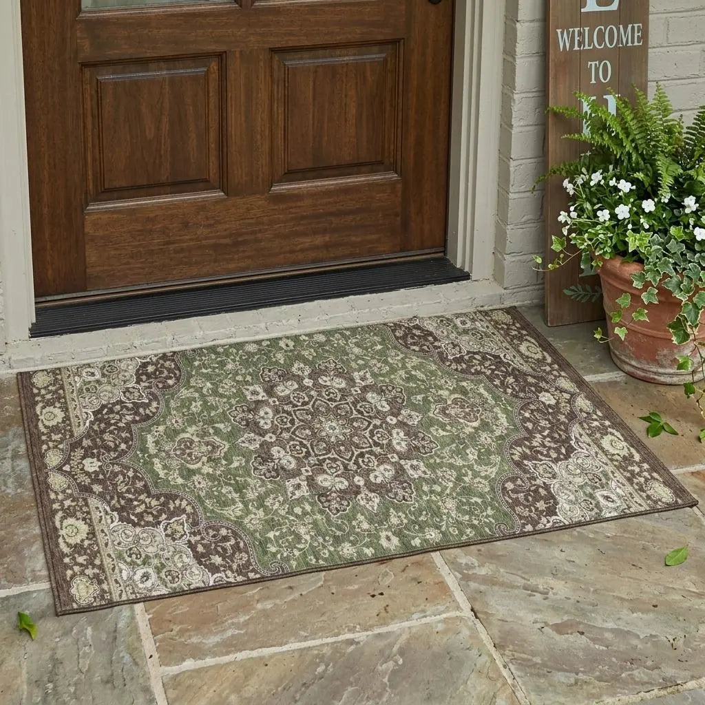 3' X 5' Olive Green And Green Oriental Washable Indoor Outdoor Area Rug Homeroots Outdoor