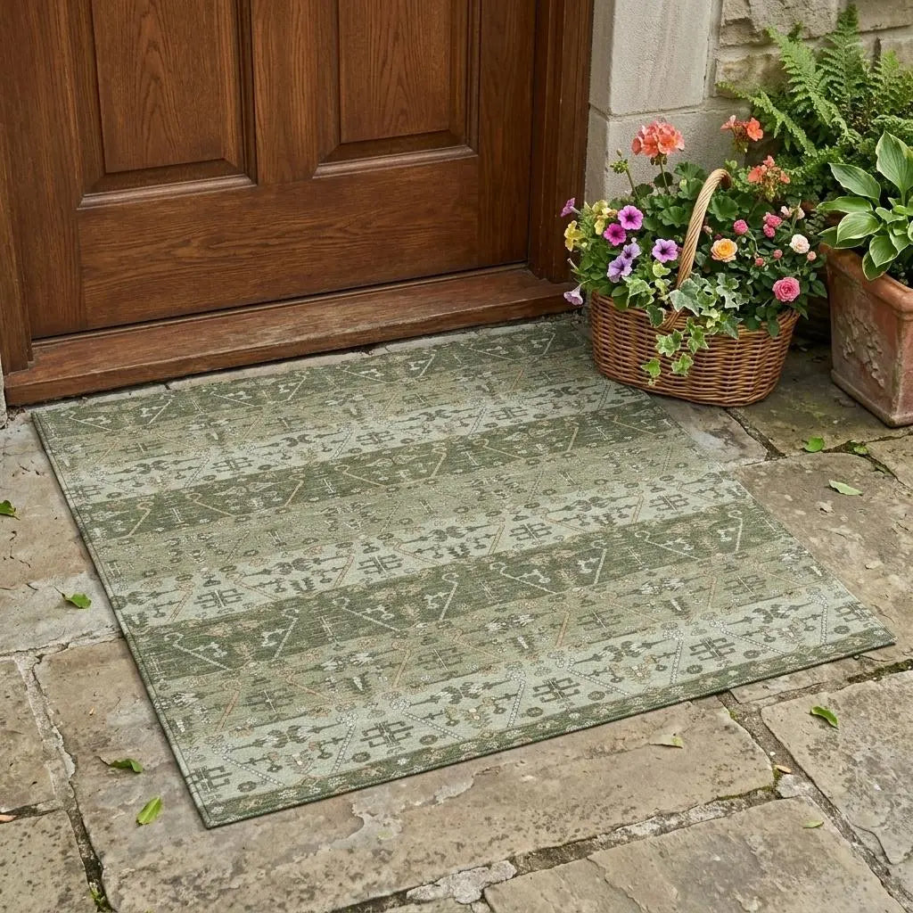 3' X 5' Olive Green And Green Oriental Washable Indoor Outdoor Area Rug Homeroots Outdoor