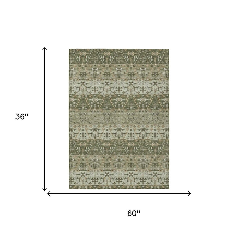 3' X 5' Olive Green And Green Oriental Washable Indoor Outdoor Area Rug Homeroots Outdoor