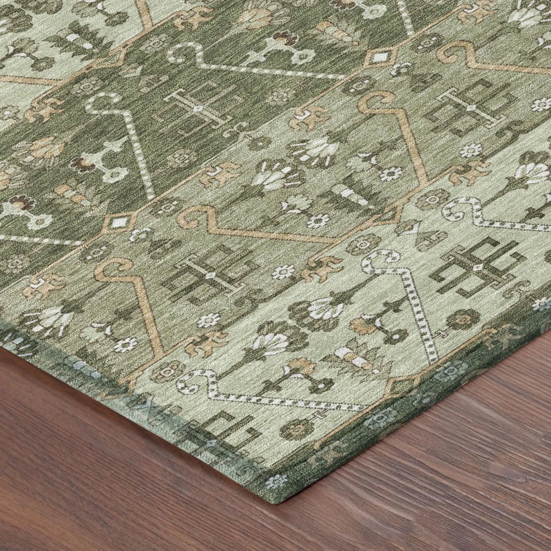 3' X 5' Olive Green And Green Oriental Washable Indoor Outdoor Area Rug Homeroots Outdoor