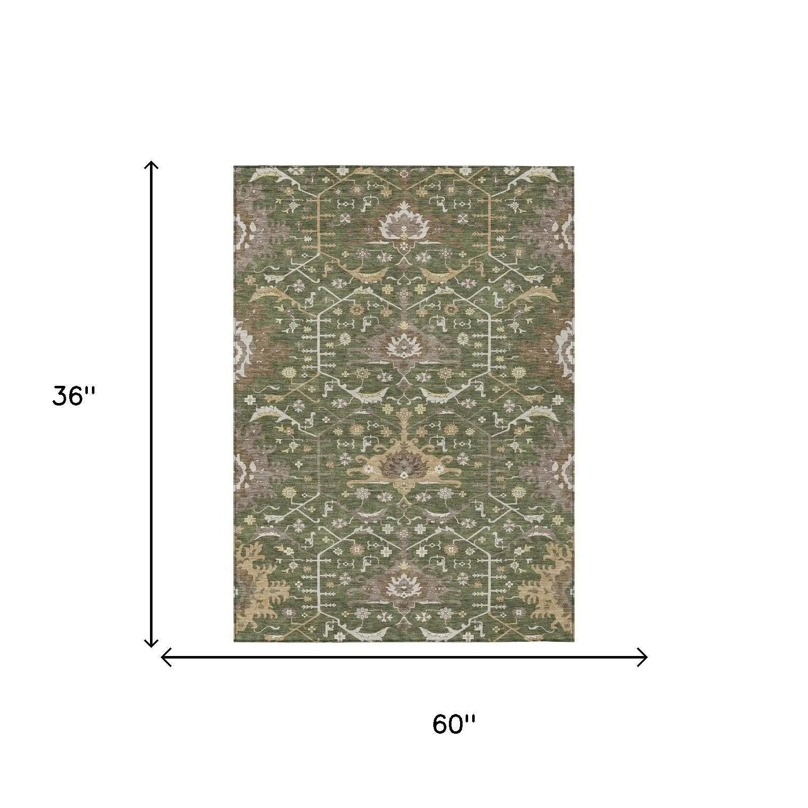 3' X 5' Olive Green And Green Oriental Washable Indoor Outdoor Area Rug Homeroots Outdoor