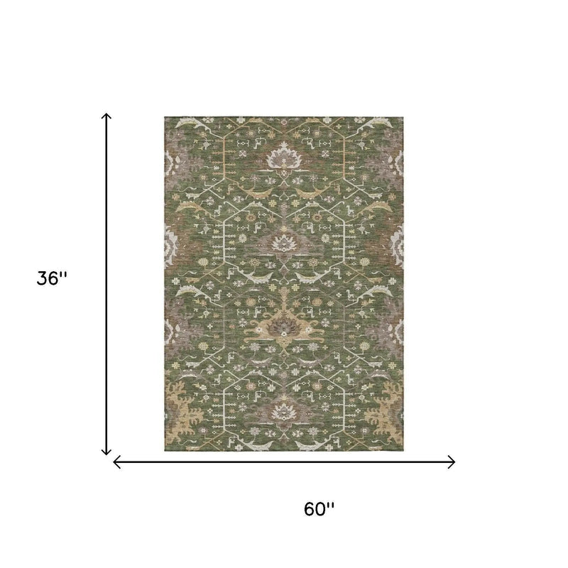 3' X 5' Olive Green And Green Oriental Washable Indoor Outdoor Area Rug Homeroots Outdoor
