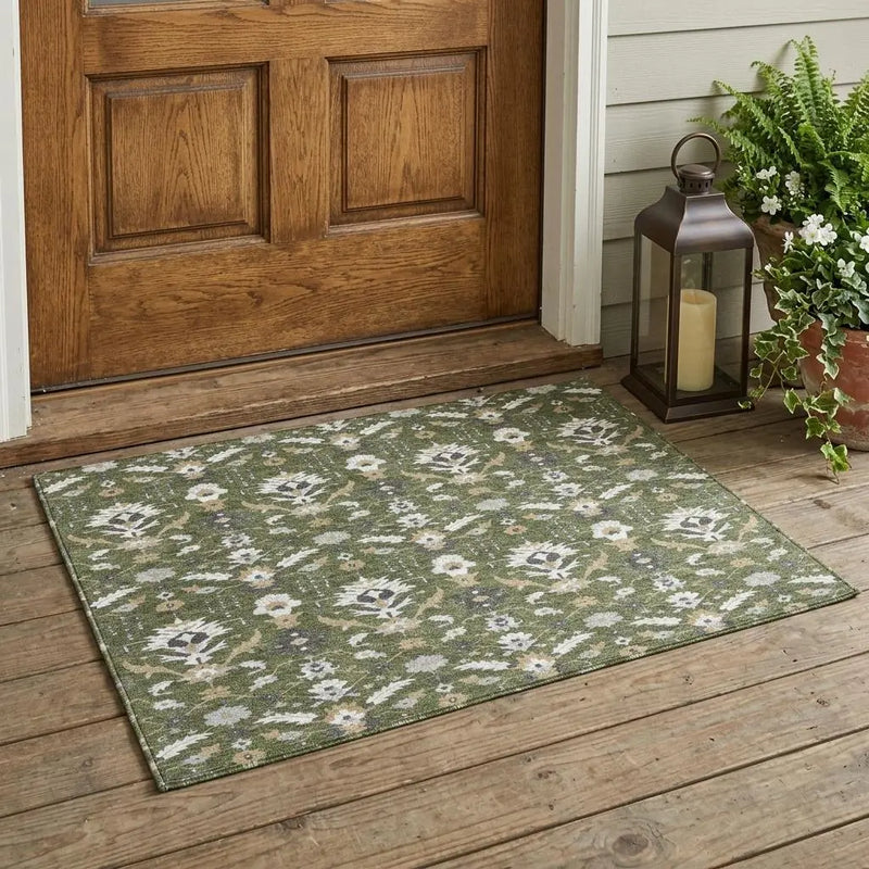 3' X 5' Olive Green And Green Oriental Washable Indoor Outdoor Area Rug Homeroots Outdoor