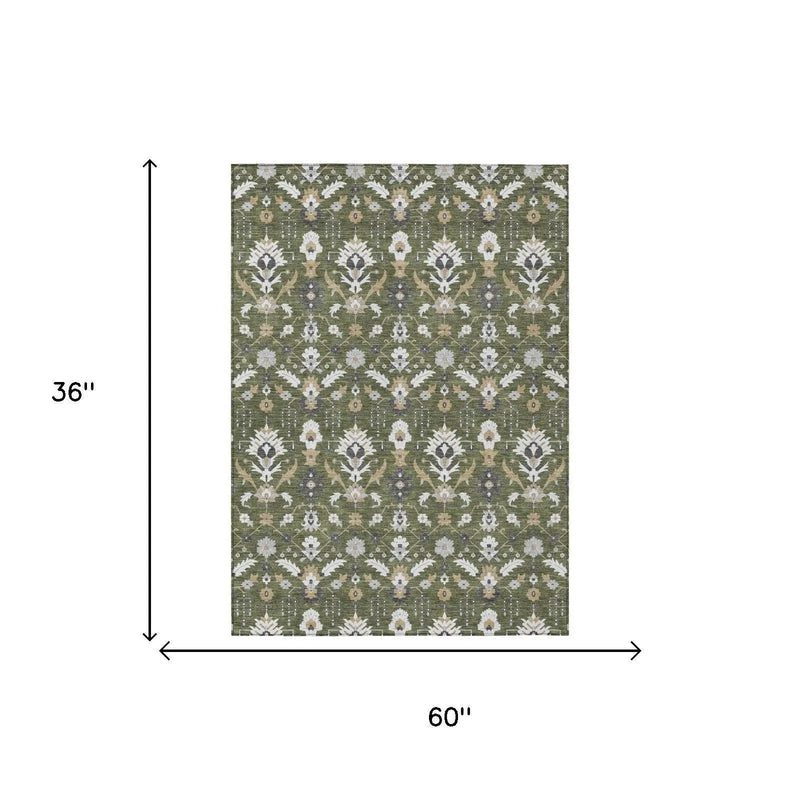 3' X 5' Olive Green And Green Oriental Washable Indoor Outdoor Area Rug Homeroots Outdoor