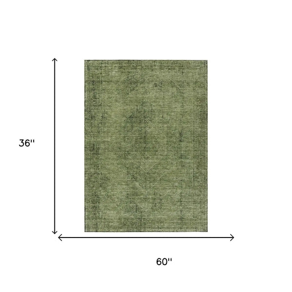 3' X 5' Olive Green And Green Oriental Washable Indoor Outdoor Area Rug Homeroots Outdoor