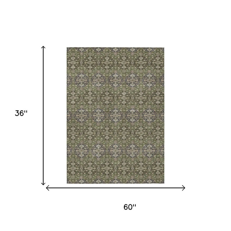 3' X 5' Olive Green And Green Striped Washable Indoor Outdoor Area Rug Homeroots Outdoor