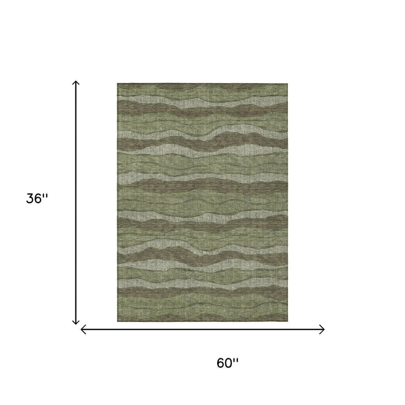 3' X 5' Olive Green And Green Striped Washable Indoor Outdoor Area Rug Homeroots Outdoor