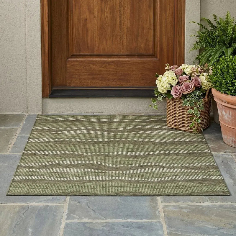 3' X 5' Olive Green And Green Striped Washable Indoor Outdoor Area Rug Homeroots Outdoor