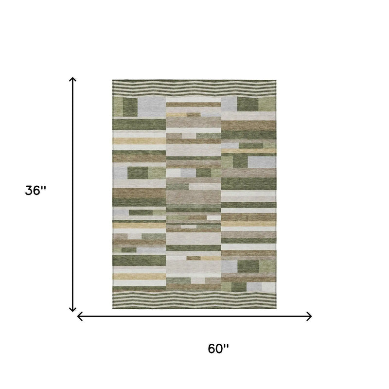 3' X 5' Olive Green And Green Striped Washable Indoor Outdoor Area Rug Homeroots Outdoor