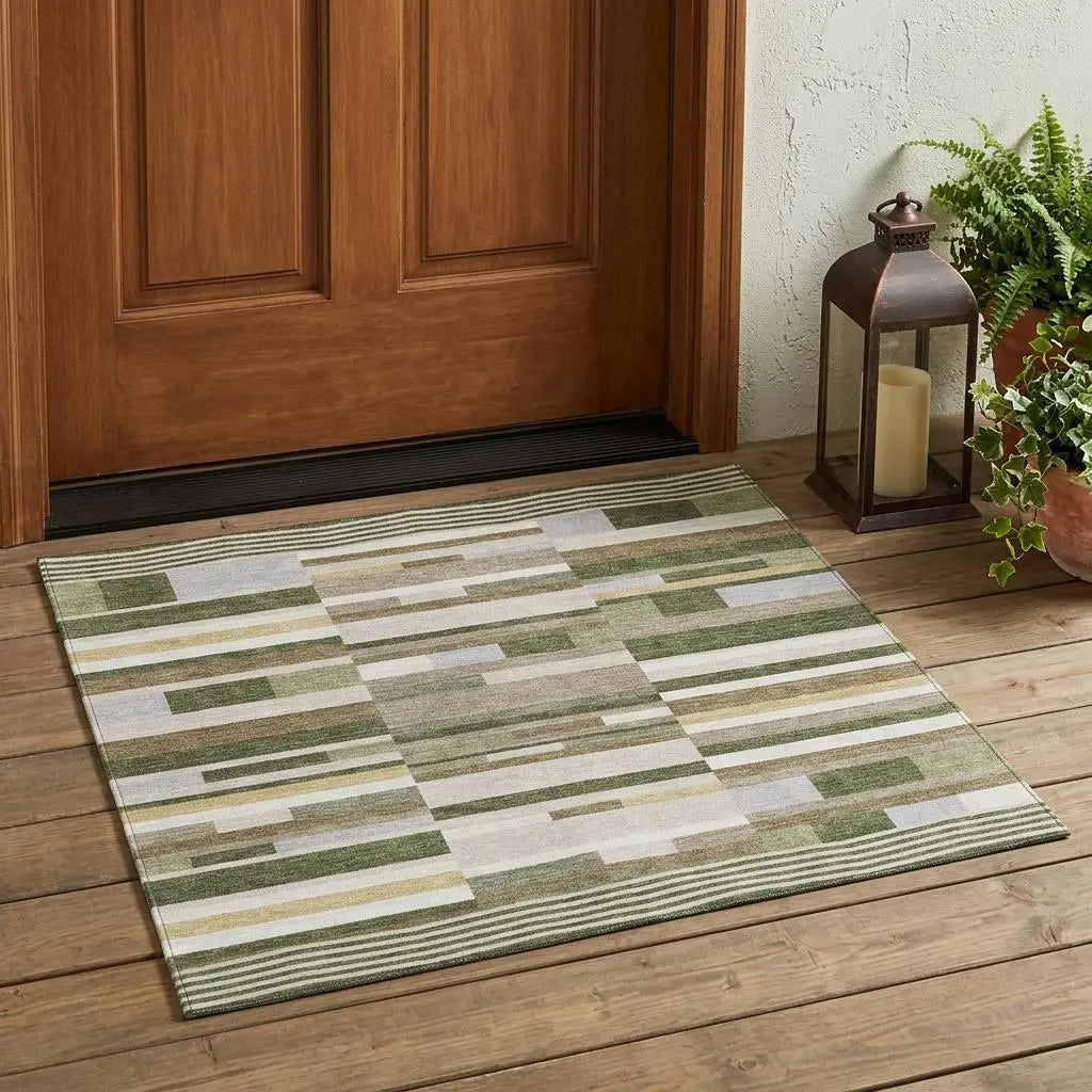 3' X 5' Olive Green And Green Striped Washable Indoor Outdoor Area Rug Homeroots Outdoor
