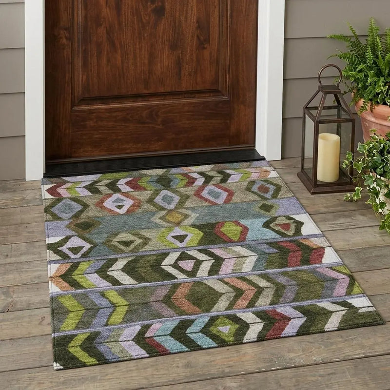 3' X 5' Olive Green And Green Tribal Washable Indoor Outdoor Area Rug Homeroots Outdoor