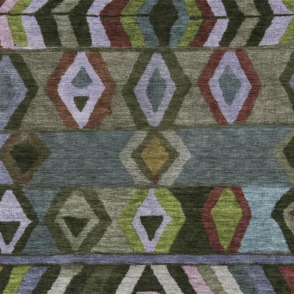 3' X 5' Olive Green And Green Tribal Washable Indoor Outdoor Area Rug Homeroots Outdoor