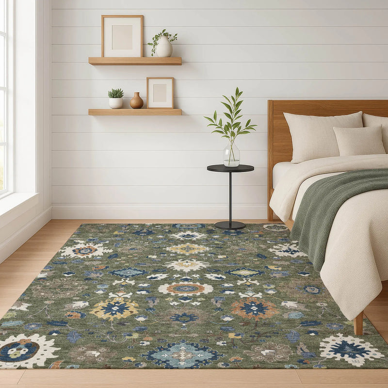 3' X 5' Olive Green And Ivory Floral Medallion Washable Indoor Outdoor Area Rug Homeroots Outdoor