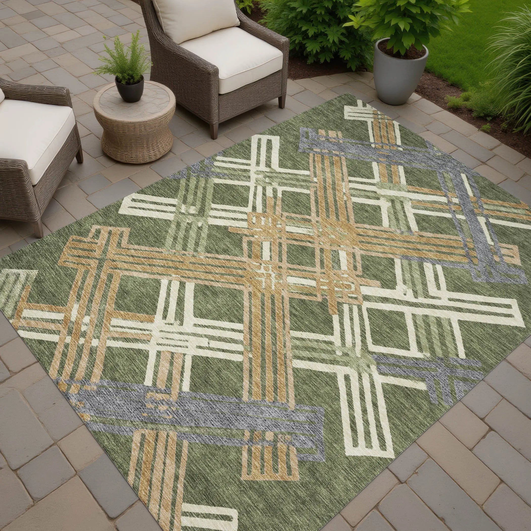 3' X 5' Olive Green And Ivory Geometric Washable Indoor Outdoor Area Rug Homeroots Outdoor