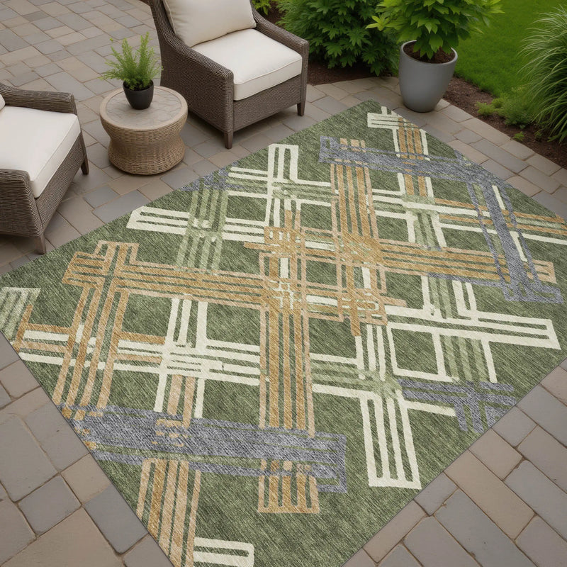 3' X 5' Olive Green And Ivory Geometric Washable Indoor Outdoor Area Rug Homeroots Outdoor