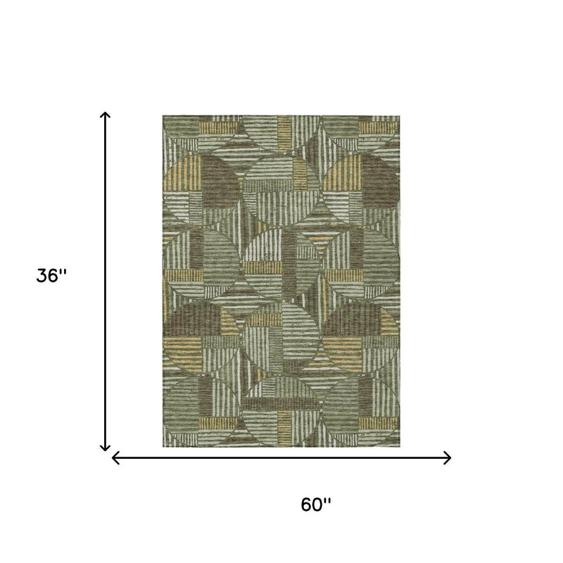 3' X 5' Olive Green And Khaki Geometric Washable Indoor Outdoor Area Rug Homeroots Outdoor