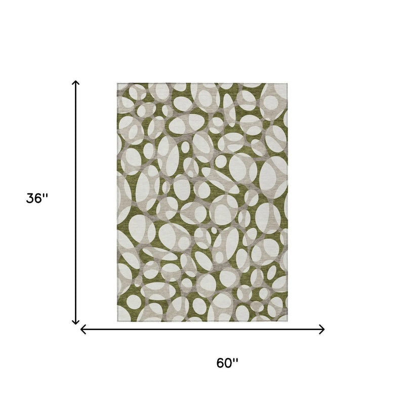 3' X 5' Olive Green And Linen Abstract Washable Indoor Outdoor Area Rug Homeroots Outdoor