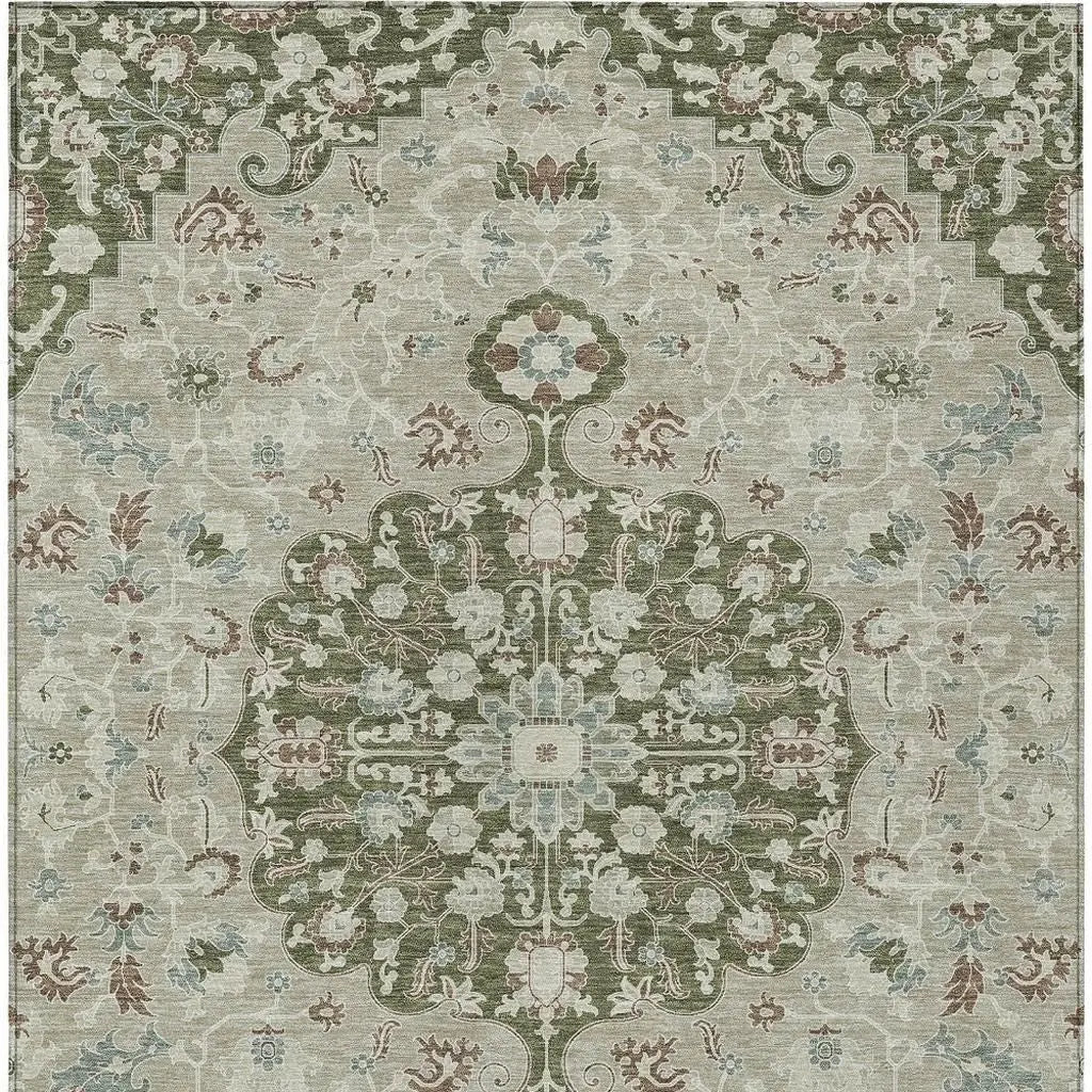 3' X 5' Olive Green And Sage Floral Medallion Washable Indoor Outdoor Area Rug Homeroots Outdoor