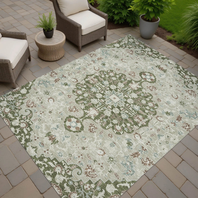 3' X 5' Olive Green And Sage Floral Medallion Washable Indoor Outdoor Area Rug Homeroots Outdoor