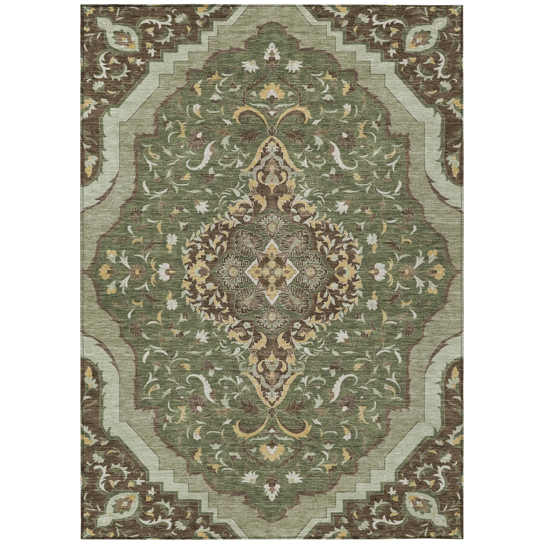3' X 5' Olive Green And Taupe Medallion Washable Indoor Outdoor Area Rug Homeroots Outdoor