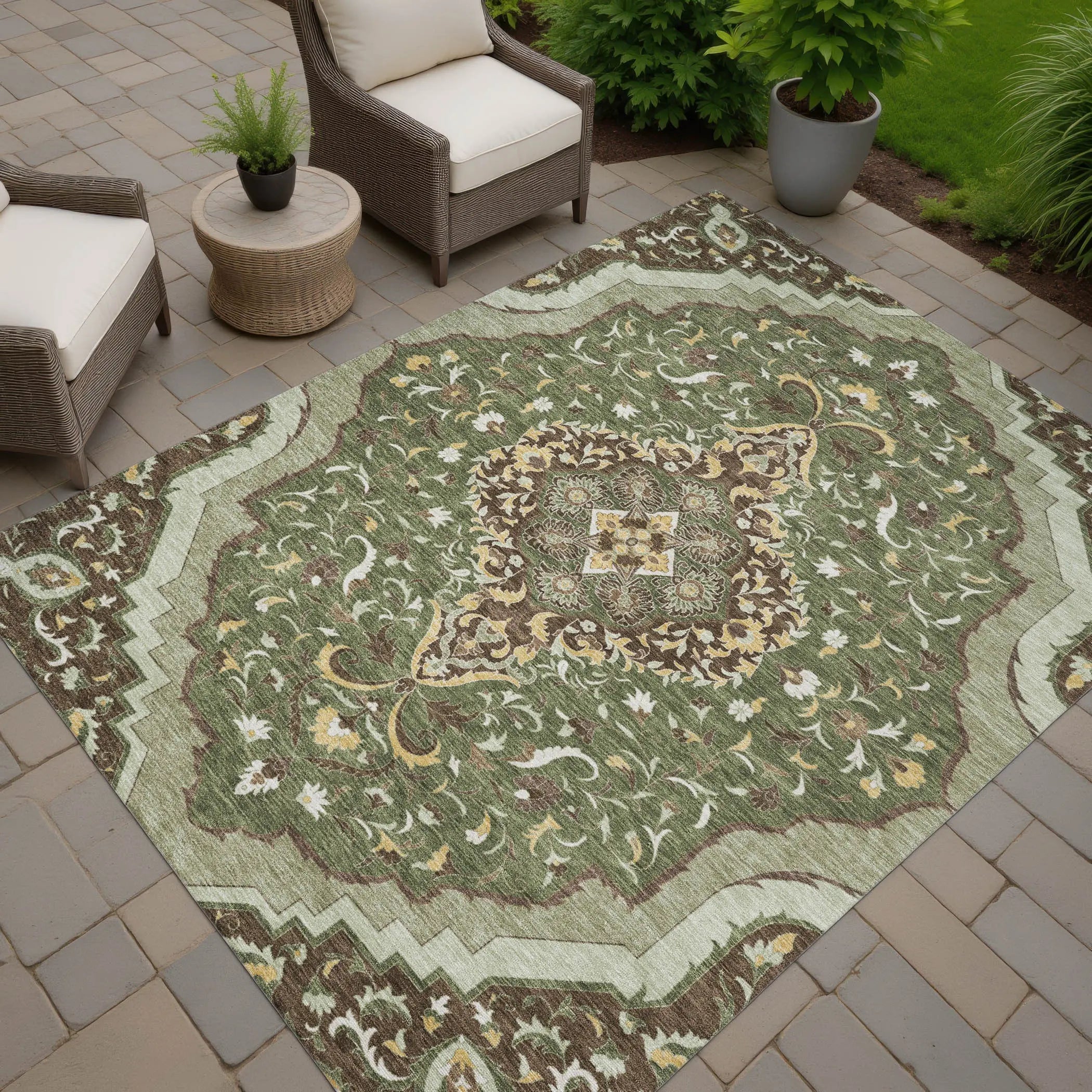 3' X 5' Olive Green And Taupe Medallion Washable Indoor Outdoor Area Rug Homeroots Outdoor