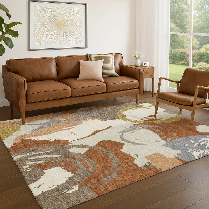 3' X 5' Orange And Beige Abstract Washable Indoor Outdoor Area Rug Homeroots Outdoor