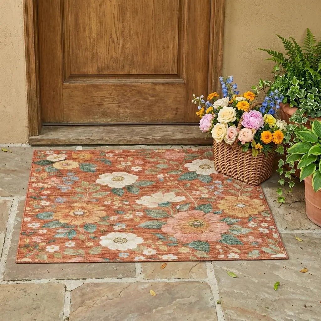 3' X 5' Orange And Beige Floral Washable Indoor Outdoor Area Rug Homeroots Outdoor