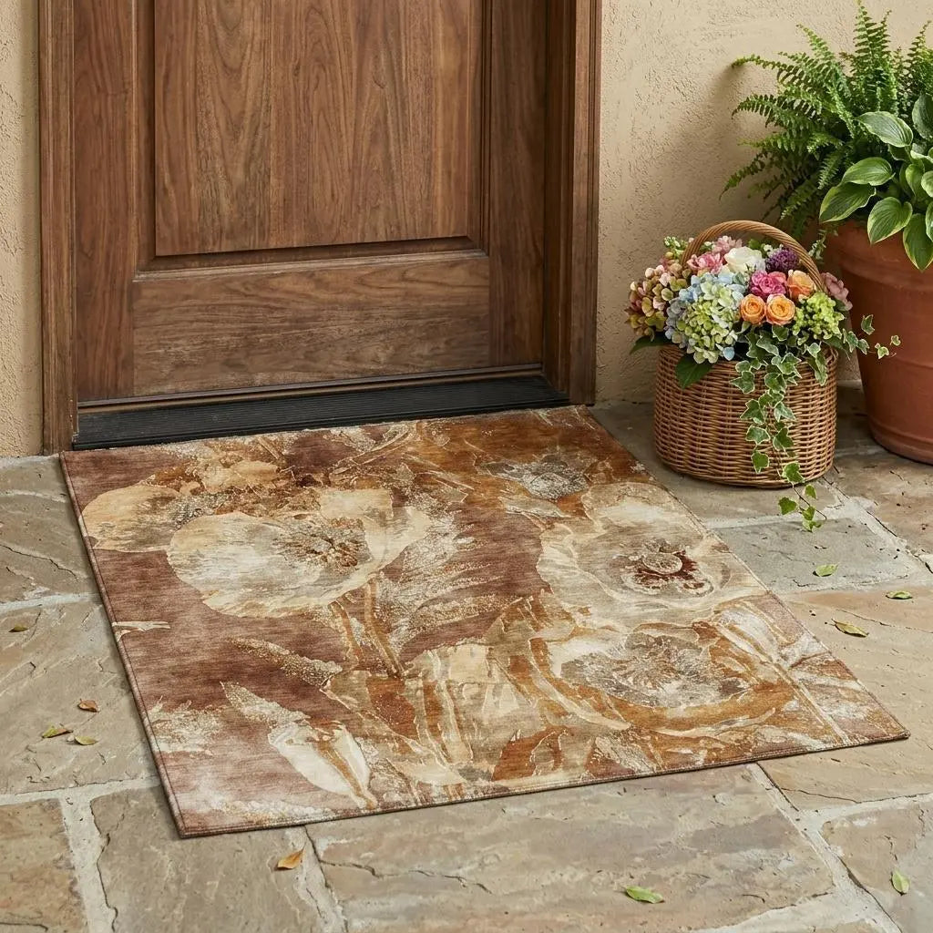 Brown floral doormat in soft fabric, perfect for doorways, enhancing entrance decor with a warm, inviting style.
