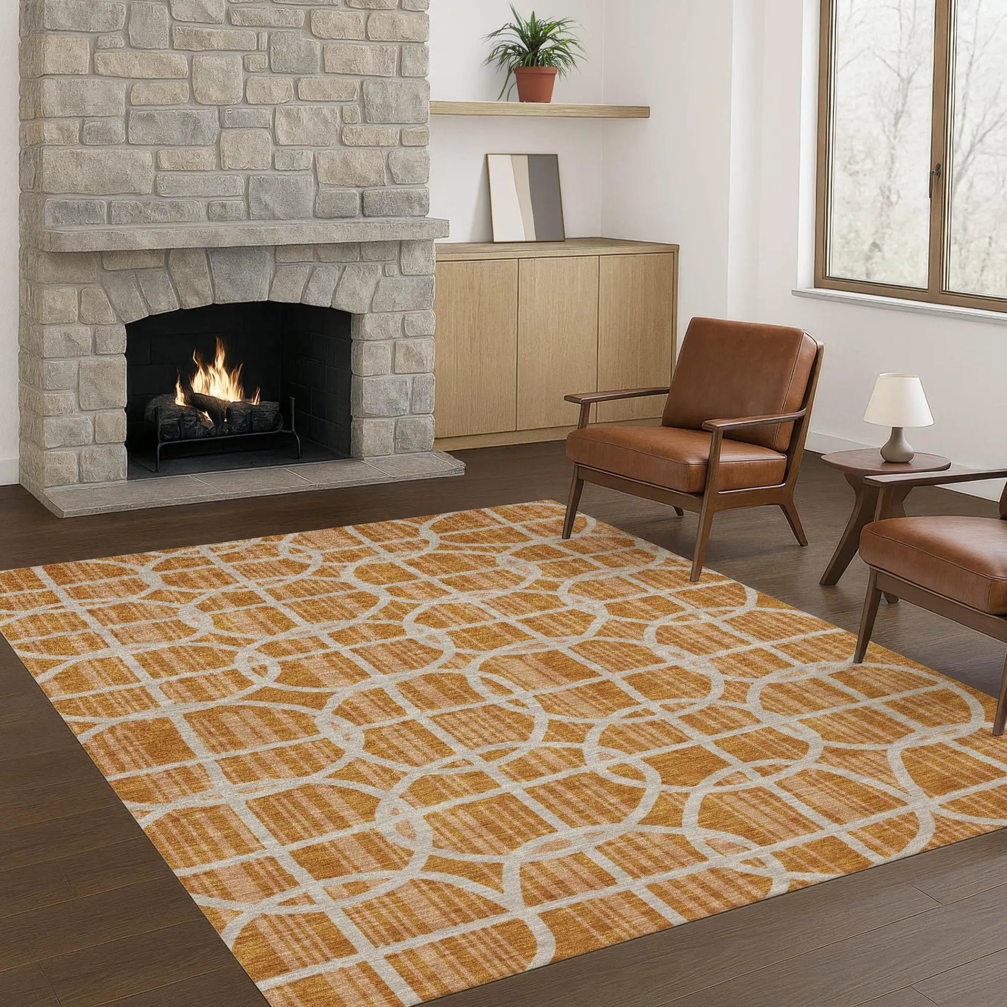 3' X 5' Orange And Beige Geometric Washable Indoor Outdoor Area Rug Homeroots Outdoor